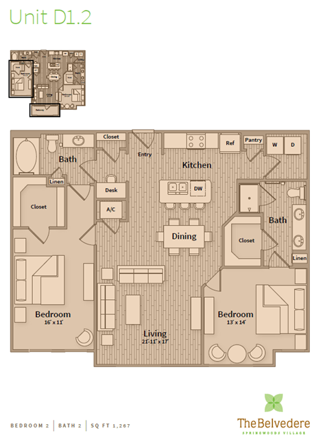 Floor plan for 2 beds, 2 baths, 1267 sqft